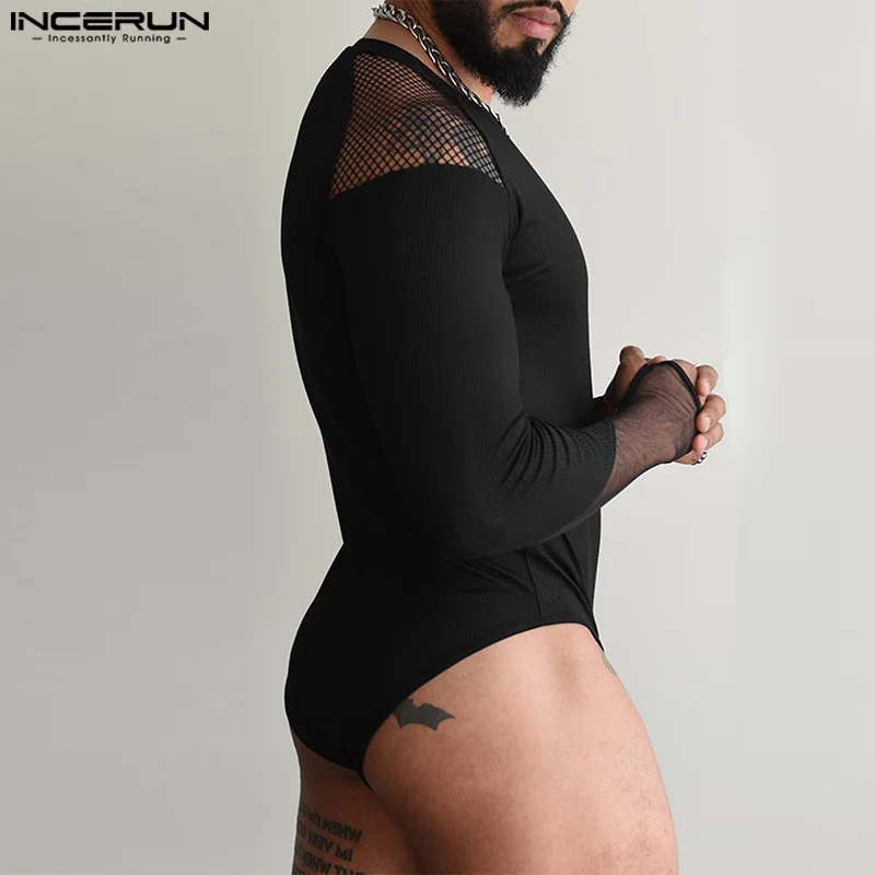 INCERUN 2024 American Style Stylish Rompers Fashion Men's Thin Mesh Splicing Jumpsuit Sexy O-neck Long Sleeved Triangle Bodysuit