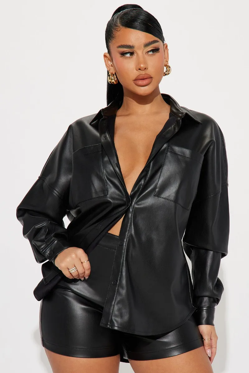 

Autumn Black PU Leather 2 Two Piece Set Women Turn Down Collar Long Sleeve Single Breasted Shirts Tops And Shorts Casual Suits