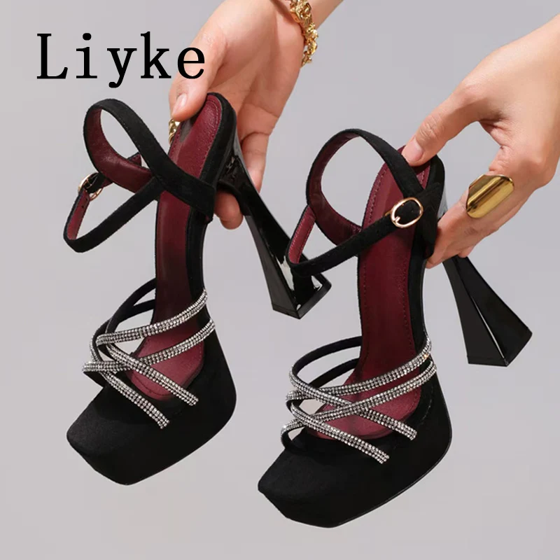 Liyke Sexy Crystal Rhinestones Narrow Band Square Toe Wedding Banquet Shoes Super High Heels Platform Sandals For Women Black