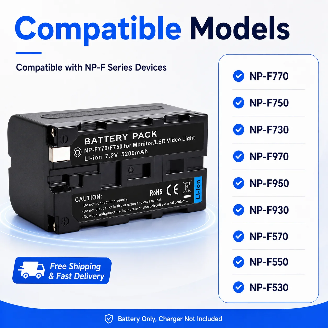 NP-F770 NP-F750 NP-F730 NP-F970 NP-F950 NP-F930 Battery Pack 7.2V 5200mAh Rechargeable Li-ion Battery for LED Video Light Monito
