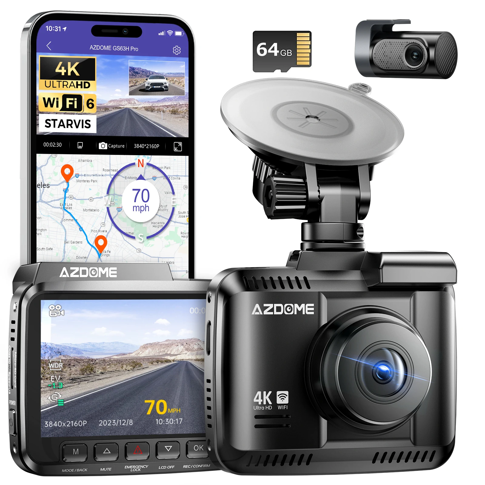 AZDOME Dash Cam GS63H 4K Ingebouwde GPS Wi-Fi Dash Autocamera met Starvis 2,4 "Scherm WDR Nachtzicht Auto DVR Parkeermonitor - afbeelding 2