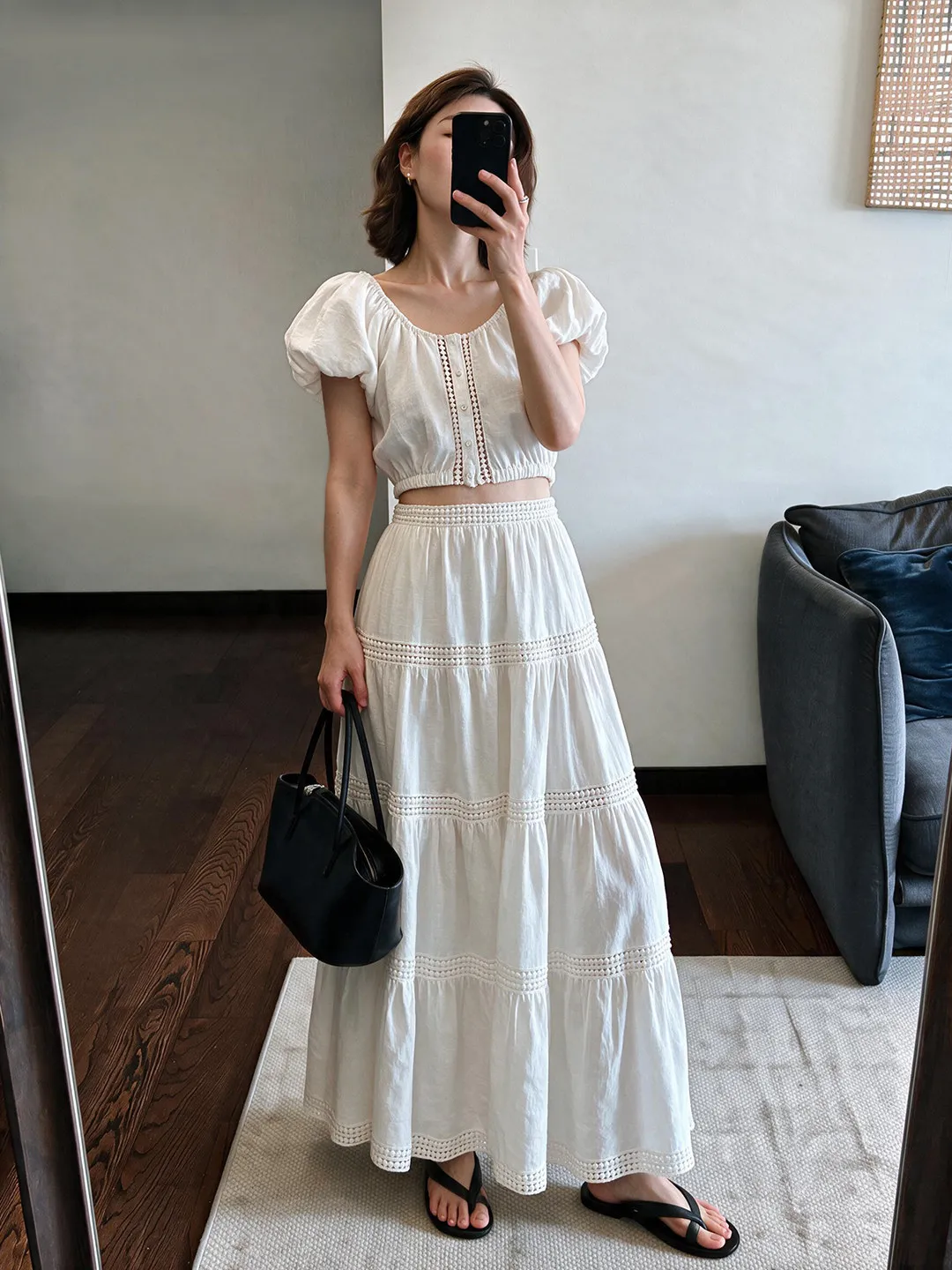 Elegant White One-Shoulder Two-Piece Set Women's Holiday Style Slimming Short Top Long Skirt Bubble Sleeve round Neck Loose Fit