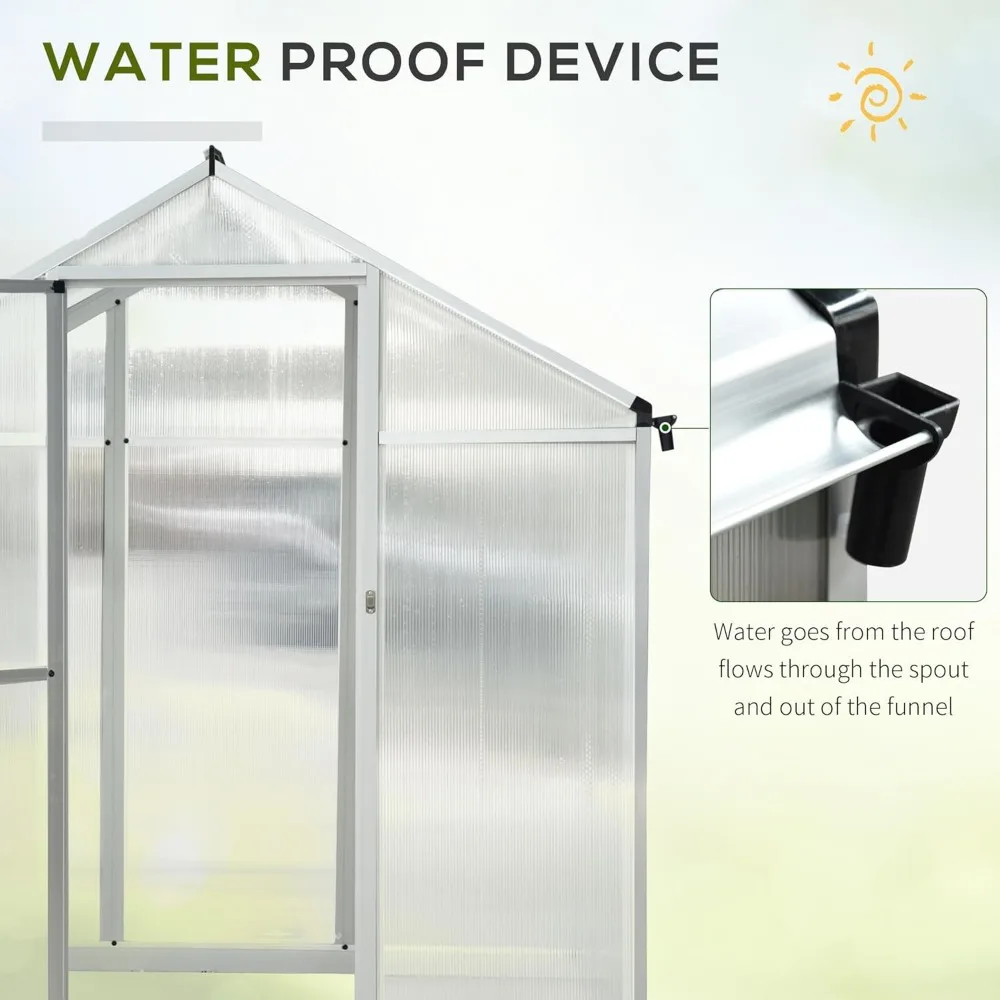 10' x 6' Walk-in Polycarbonate Greenhouse with Roof Vent for Ventilation & Rain Gutter, Heavy Duty Aluminum Green House