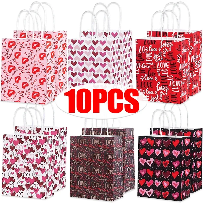 1/10Pcs Valentines Day Gift Bags with Handles Pink Love Hearts Paper Bags Valentine's Day Wedding Party Decoration Accessories