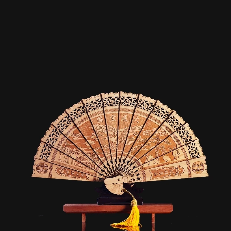 

22cm Thuja Wood Fan Mascot Ornaments Folding Fan Wood Sculpture Feng Shui Crafts Collection Lucky Gifts Home Decor