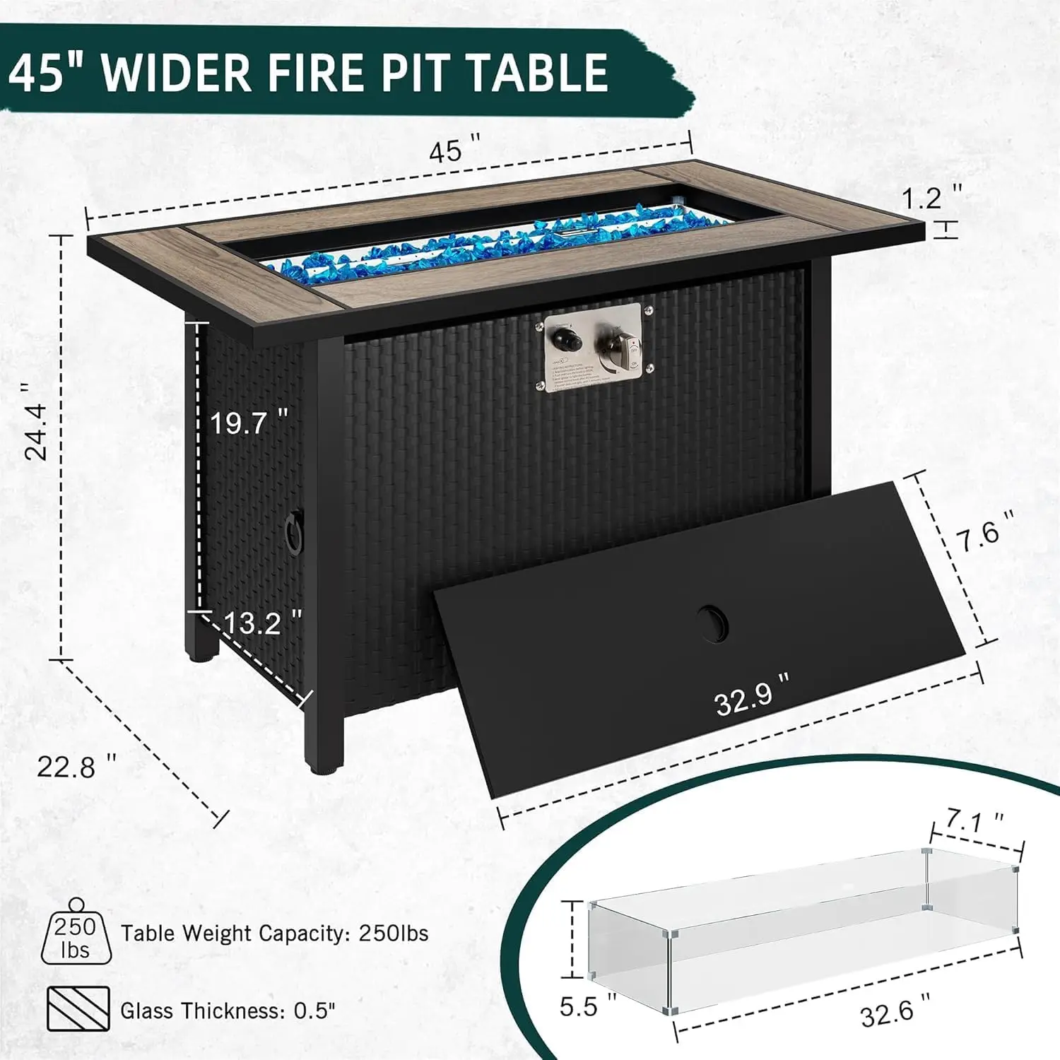 45 Inch Gas Fire Pit Table, Patio Outdoor Propane Fire Pits with Walnut Top and Blue Beads & Removable Lid, 50000 BTU Waterproof