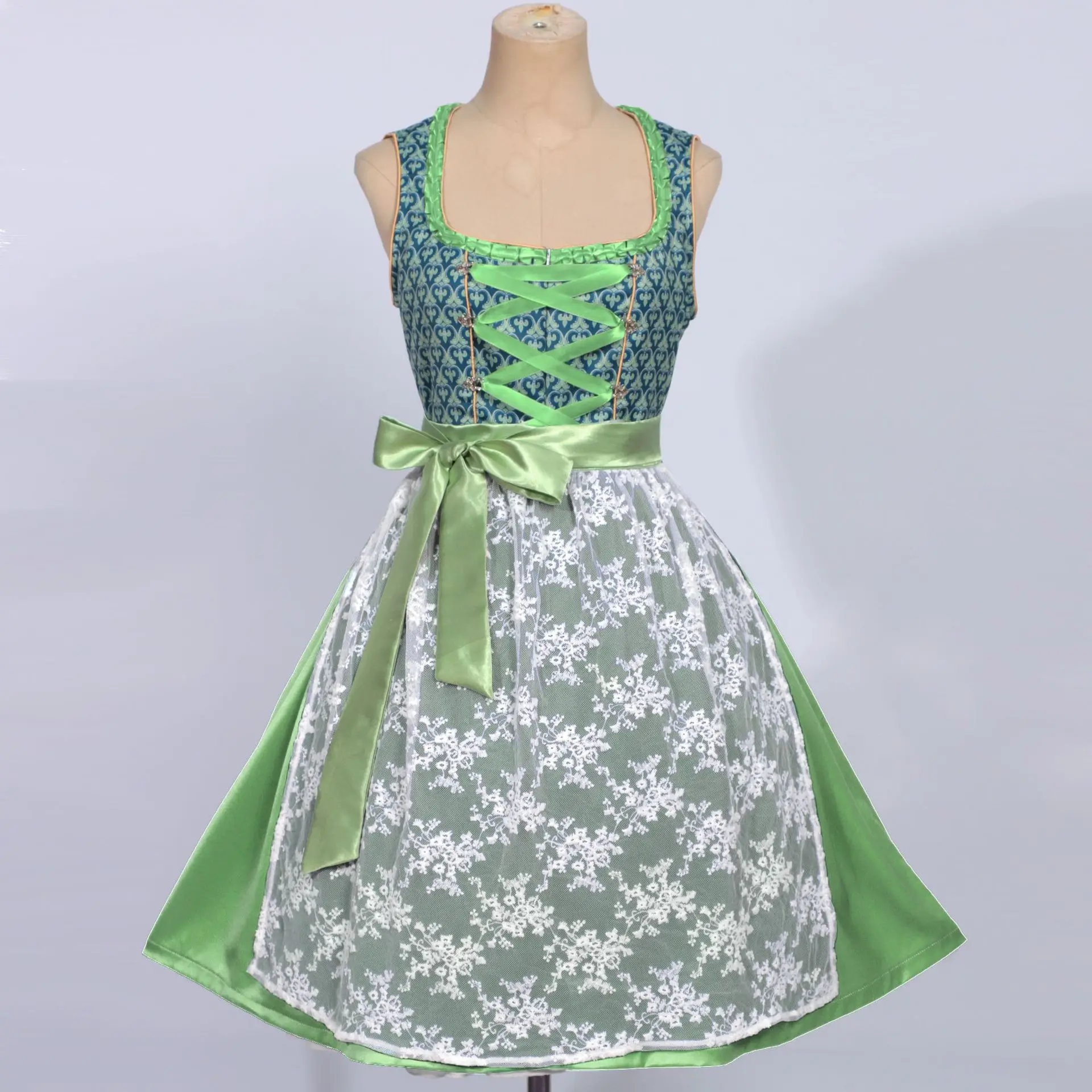 فستان ديرندل البافاري التقليدي، رقبة مربعة بدون أكمام، طباعة زهور، دانتيل أخضر - تصميم. مع القوس - ربط حزام الخصر، لكل