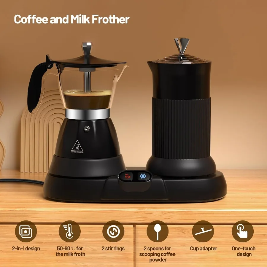 Macchina per caffè espresso elettrica con montalatte 2 in 1 Efficiente caffettiera Moka con struttura in alluminio e OneTouch