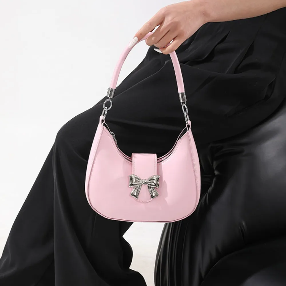 2024 Trendy Bow Shoulder Bag Underarm Bag Solid PU Leather Messenger Bag Daily Casual Commuting Bag Handbag