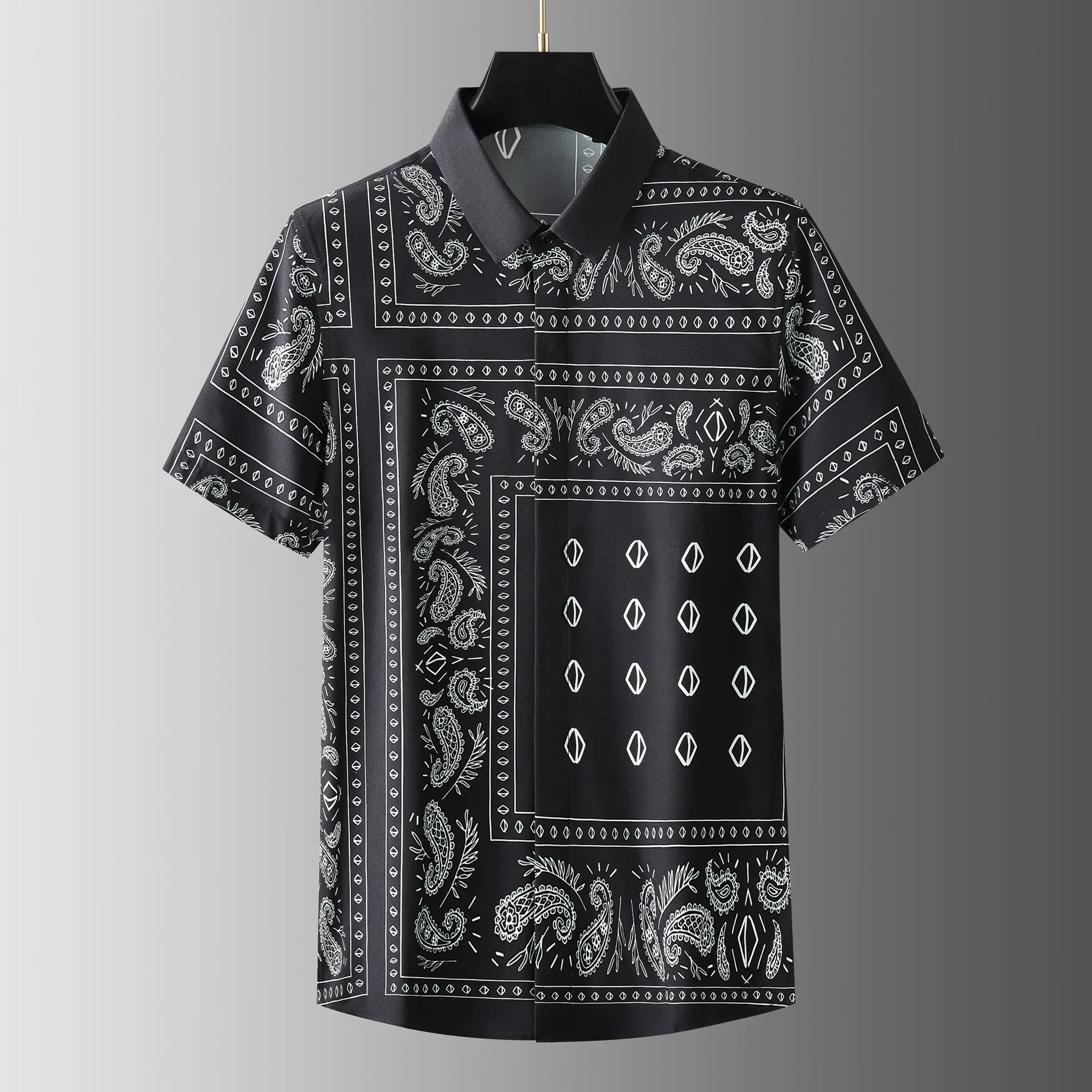 New non ironing and wrinkle resistant full body matching retro cashew pattern printed men's handsome short sleeved shirt