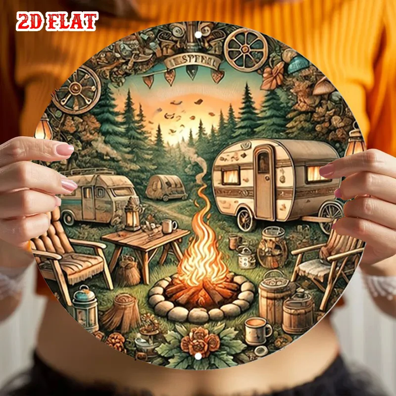 Vintage Camper Van & Campfire Metal Wall Decor / Rustic RV Camping Scene with Vintage Trailer, Trees / Easy Hang with Adhesive