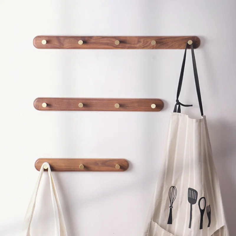 

‌Solid Wood Wall Hooks - Drill-Free Brass Coat Rack, Multi-Hook Organizer for Closet Entryway, Space Saving Door Mount Hanger