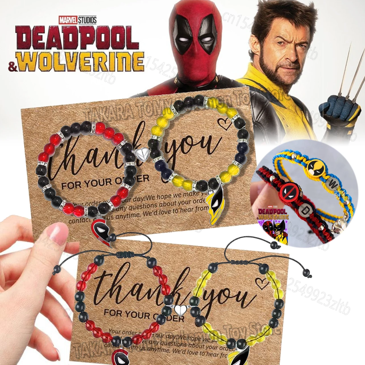 2pcs Deadpool & Wolverine Movie Bracelet Disney Hand-Woven Red Yellow Bracelet Accessories for Men Women Jewelry Decoration Gift