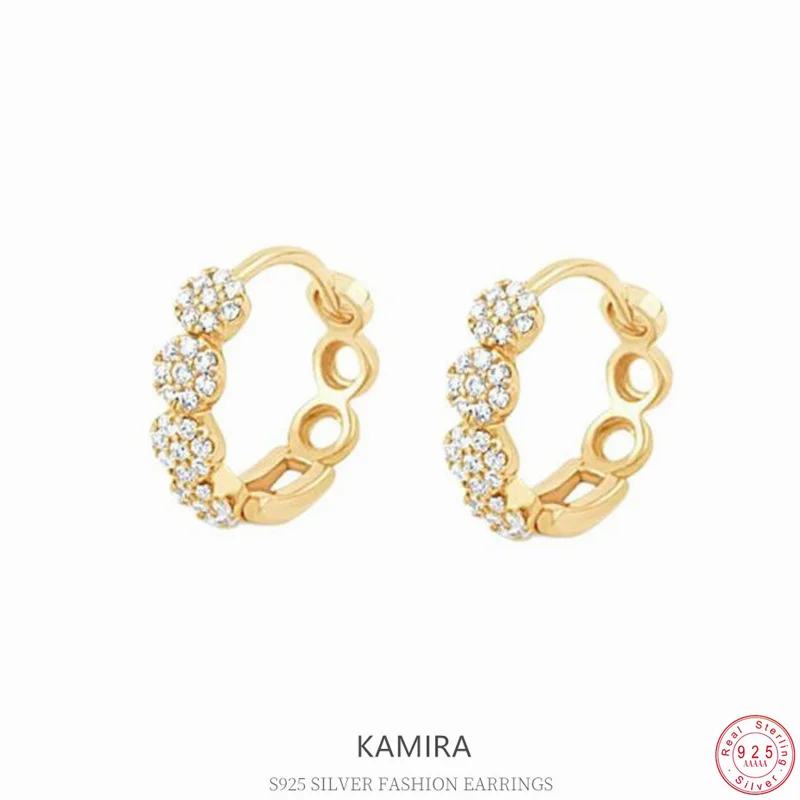

KAMIRA 925 Sterling Silver Gold Luxury Round Zircon Hoop Earrings for Women Party Delicate Elegant Temperament Charm Jewelry New
