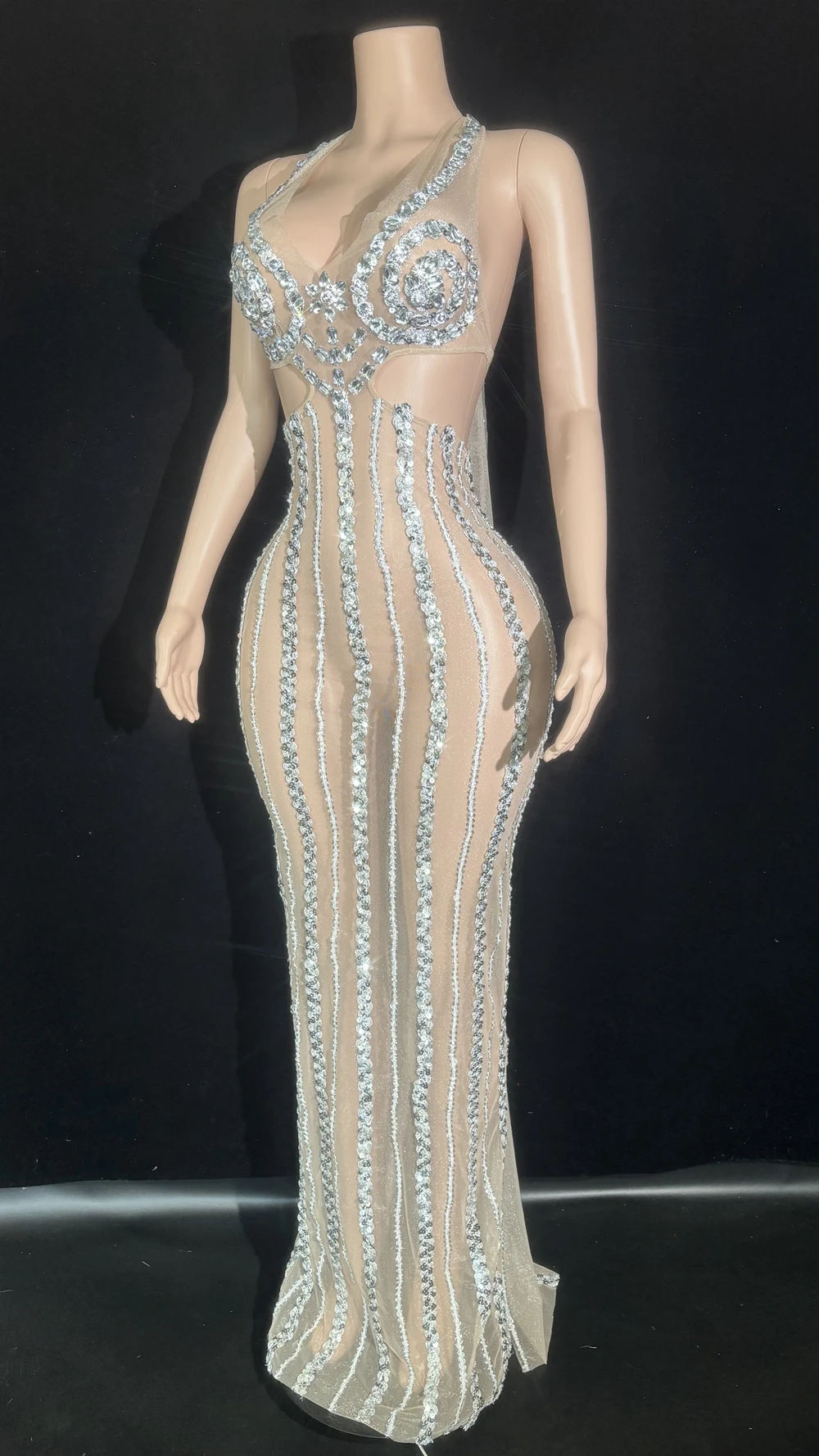 Ropa para sesión de fotos de mujer, disfraz de cantante, traje Sexy de malla transparente con espalda descubierta, vestido de cola para celebración de boda, noche, graduación y cumpleaños