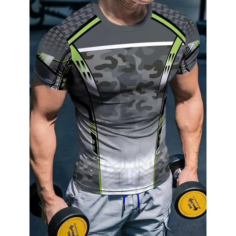 New Men's High-Elastic Quick-Dry Tight Fitness Short Sleeve Gradient Gray Camo Neon Green Contrast Line Round Neck Sports T-Shir