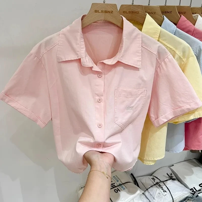 여름 코튼 반팔 탑 여성 2025 새로운 폴로 칼라 짧은 셔츠 수 놓은 느슨한 캐주얼 블라우스