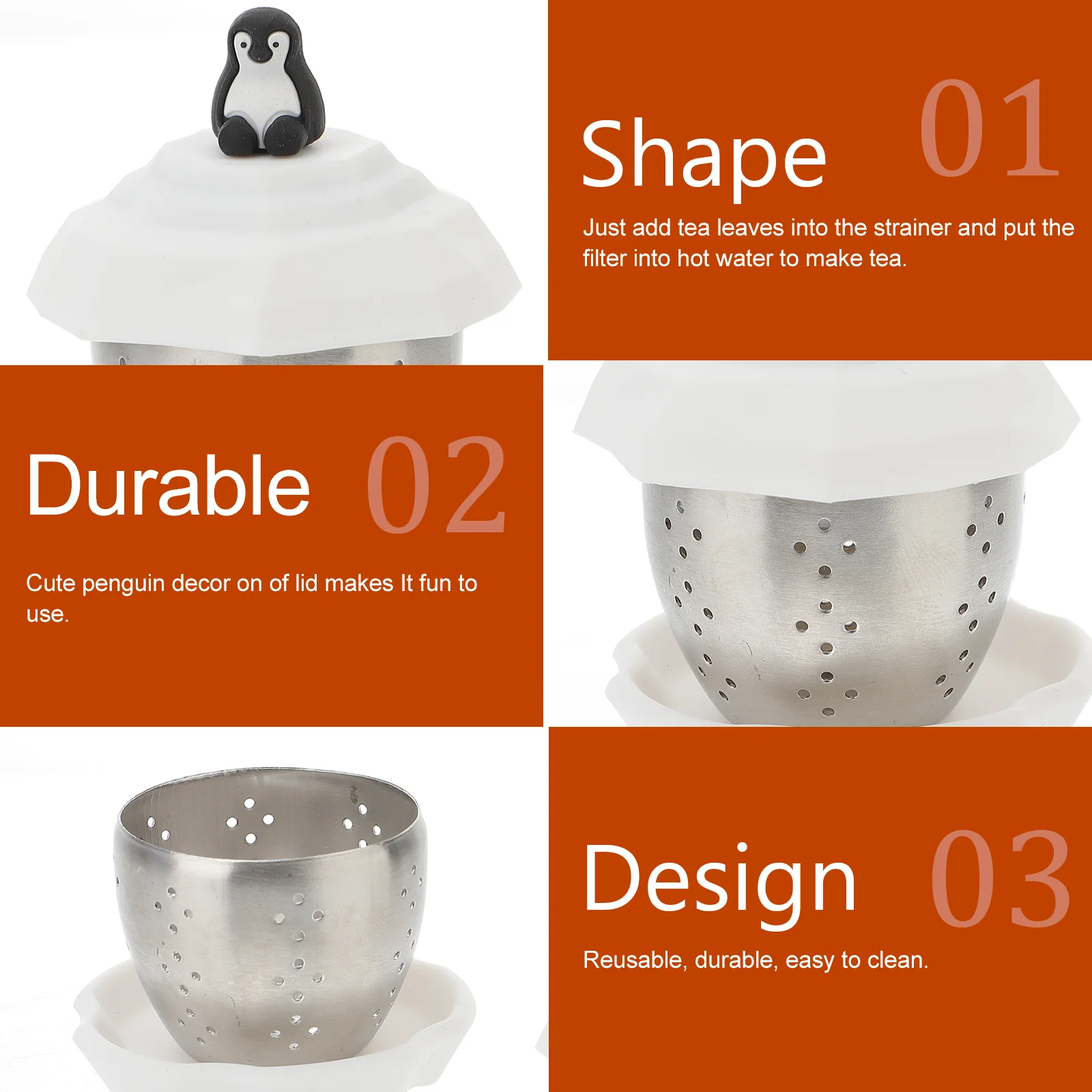 Roestvrijstalen Theemandje Theezeefdeksel Extra Fijne Theezeef Roestvrijstalen Thee-Infuser Thee-Kunstgereedschap Thuis Pinguïn Wit