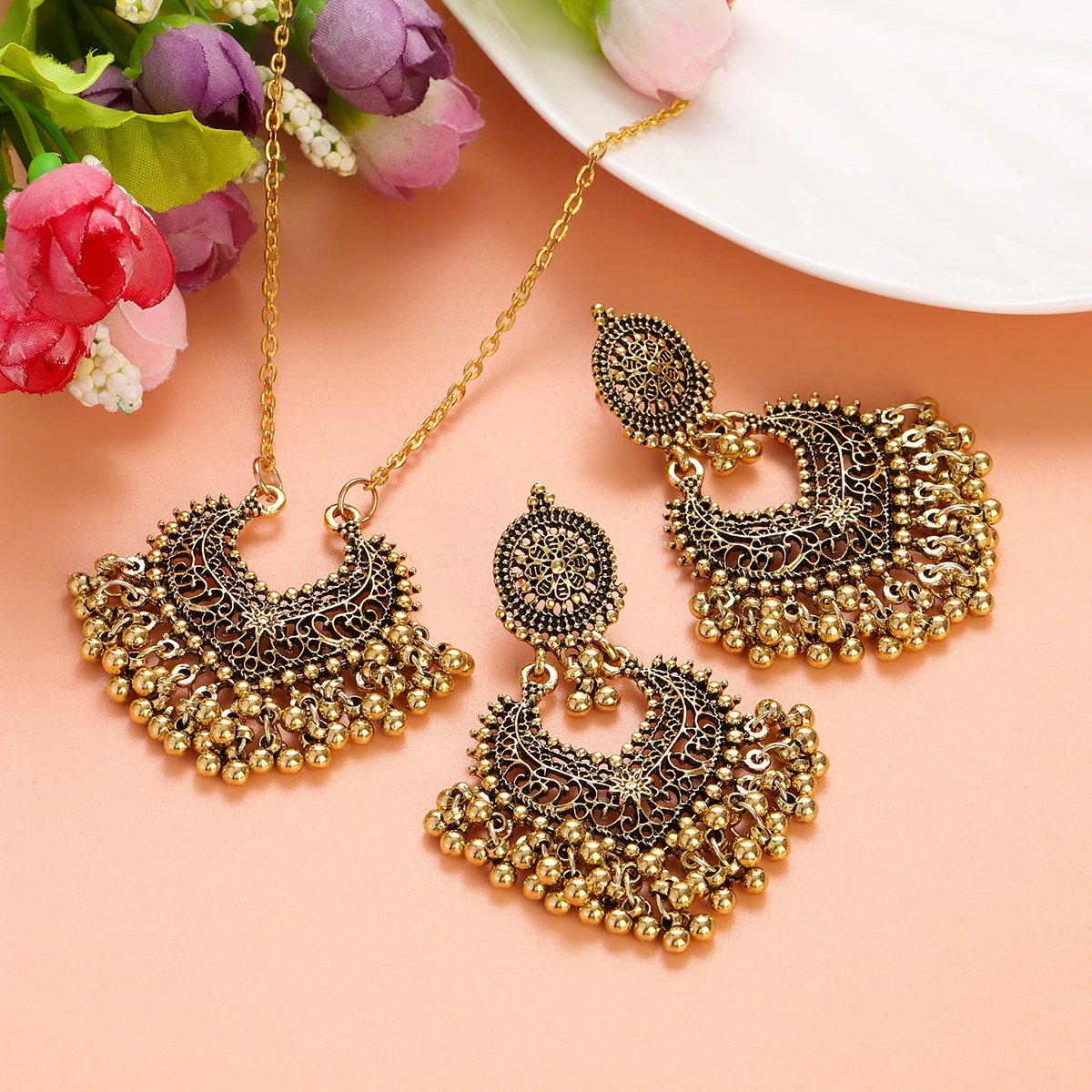 Indian Jewelry Set for Women Bijoux Retro Gold Plated Round Beads Tassel Earring Necklace Sets Ethnic Vintage Wedding Jewelry