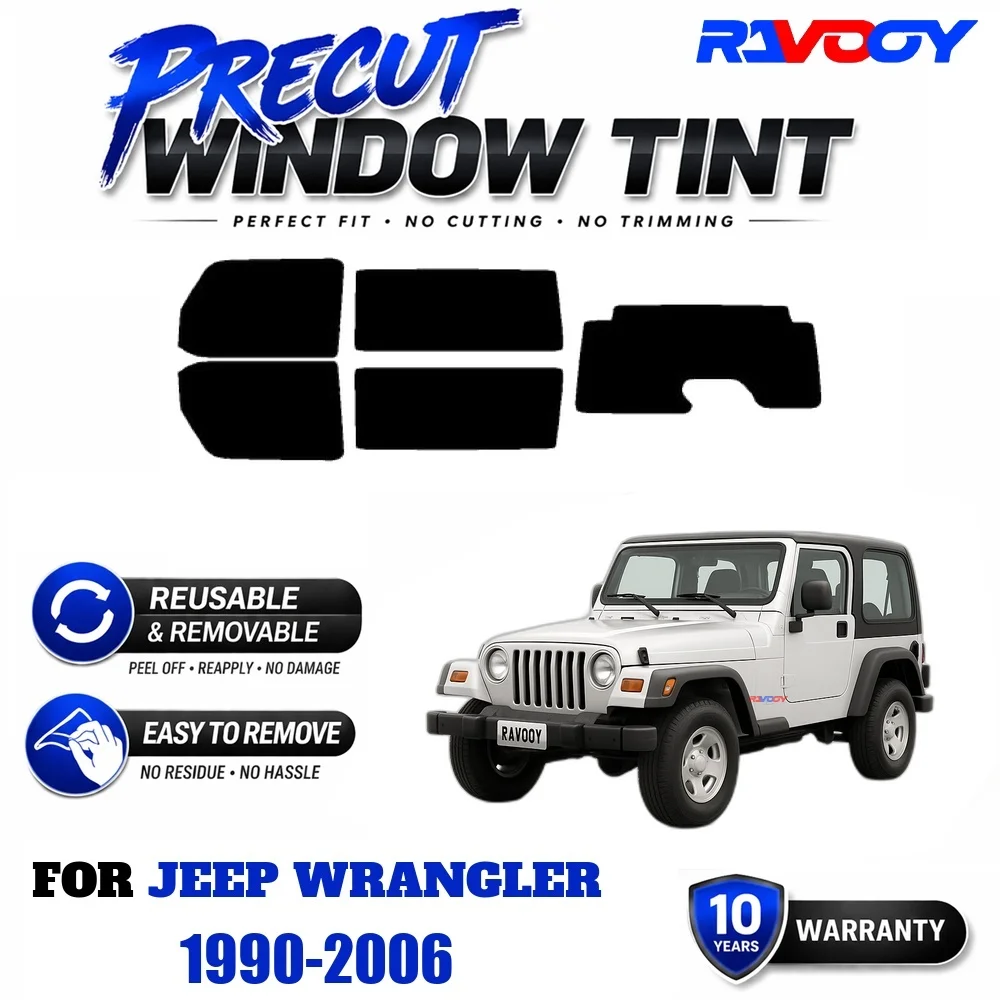 RAVOOY Precut Window Tint, Reusable Removable EPU Film, Custom Fit for Jeep Wrangler 1990-2006, UV Heat Protection