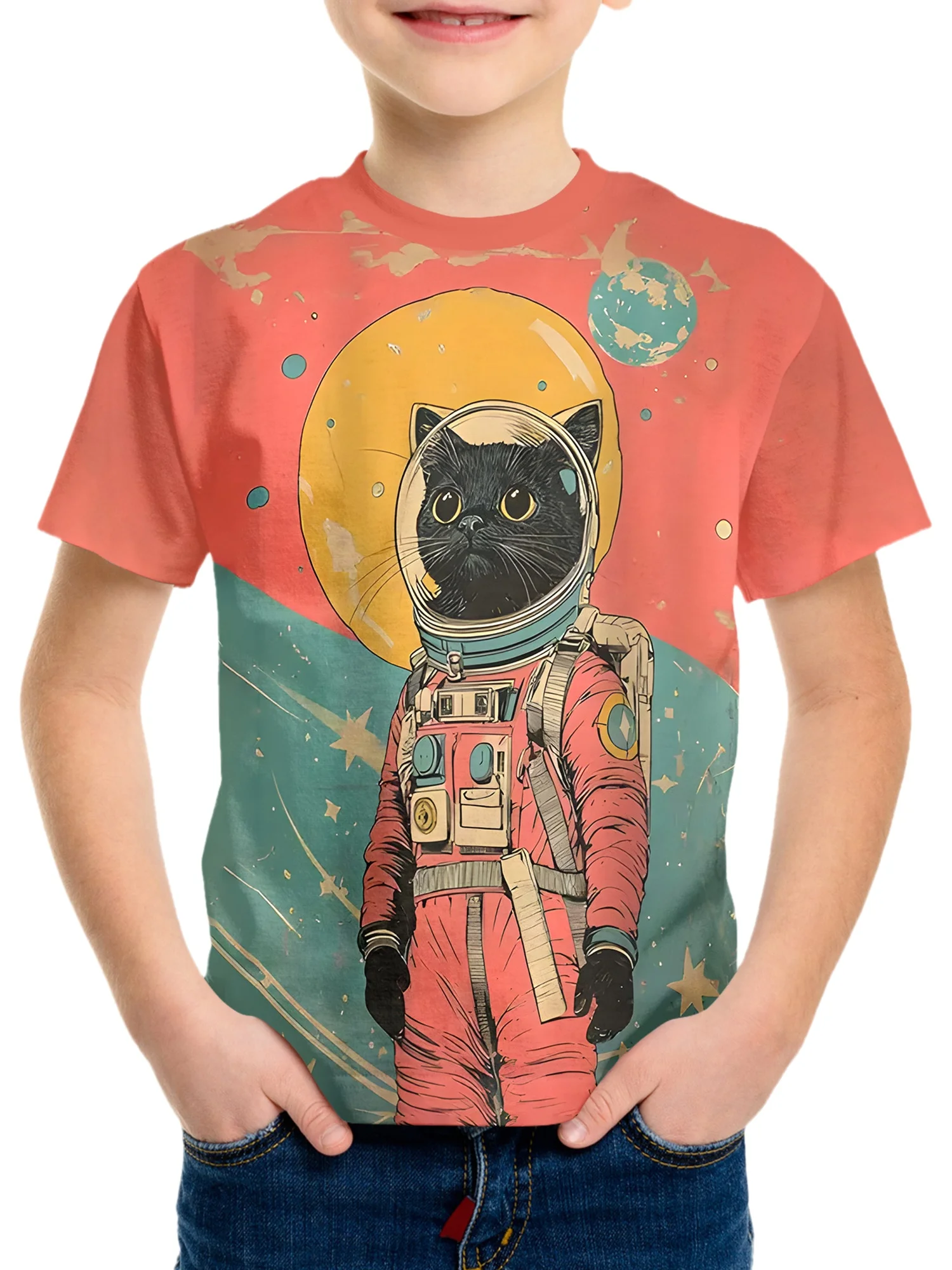 Retro Space Astronaut Black Cat Kids T‑shirt 3D Full Print Galaxy Planet Graphic Boys Girls Casual Short Sleeve Summer Tee