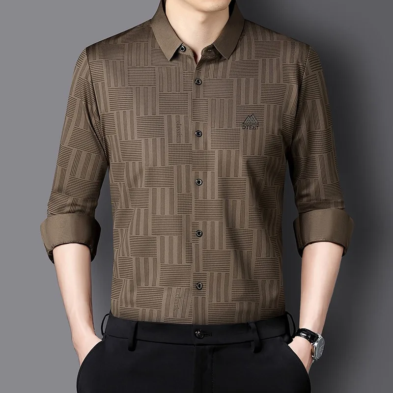 

Autumn Seamless Long Sleeved Shirt Men's High End Elastic Casual Office Uniform Shirts Social Business Dress Shirts Men Clothing