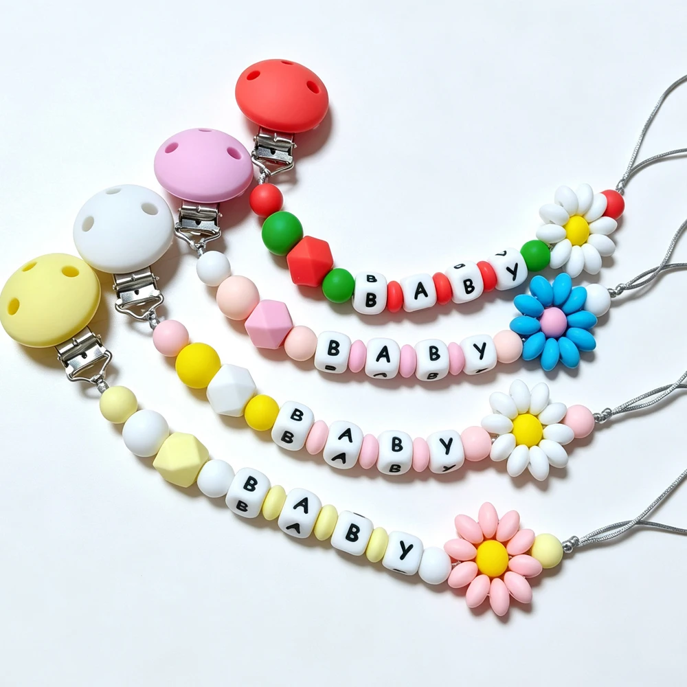 1PCS handmade flower custom baby name silicone bead clip Pacifier Chain Holder for Teething Soother Chew Toy Dummy Clips