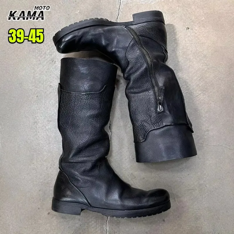 Genuine Leather Men's Motorcycle Boots Side Zipper Long Knight Boots Mid-calf Western Cowboy Boots Botas De Motociclista
