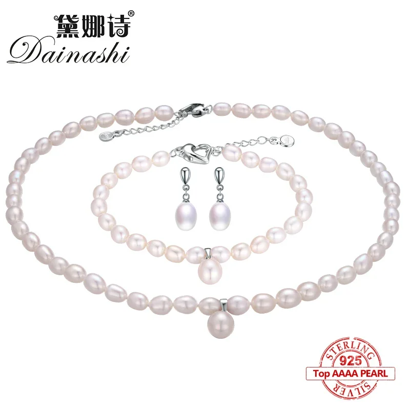 Dainashi 925 Sterling Silver naturalna perła słodkowodna biżuteria dla kobiet eleganckie kolczyki i naszyjnik i zestaw bransoletek