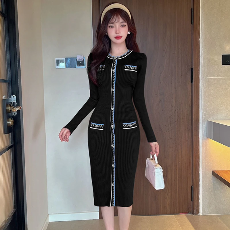 الربيع الرجعية المرأة واحدة الصدر محبوك فساتين موضة جديدة س الرقبة طويلة الأكمام الإناث سترة Bodycon فساتين رداء #5