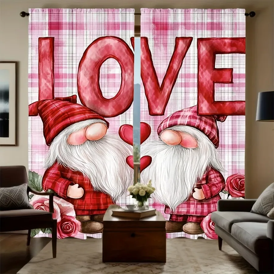 2PCS Digital Print Curtains, Pink Plaid Heart Gnome, Cute Valentine Dwarf Decor Checkered Pattern Sweet Love Bedroom Drapes