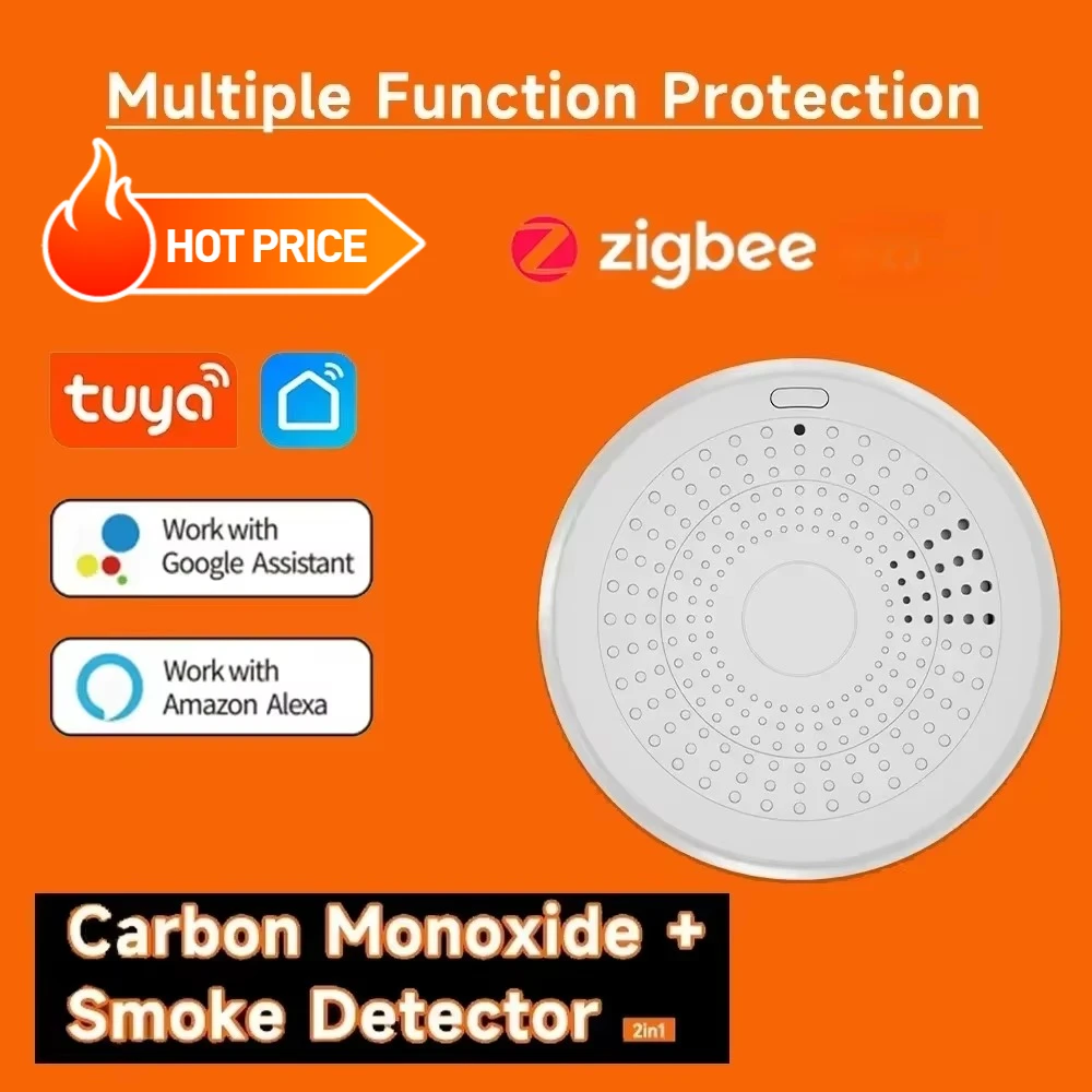 

Умный детектор CO и дыма 2 в 1, Wi-Fi Zigbee, звуковая и световая сигнализация, управление через приложение Smart Life для домашней безопасности
