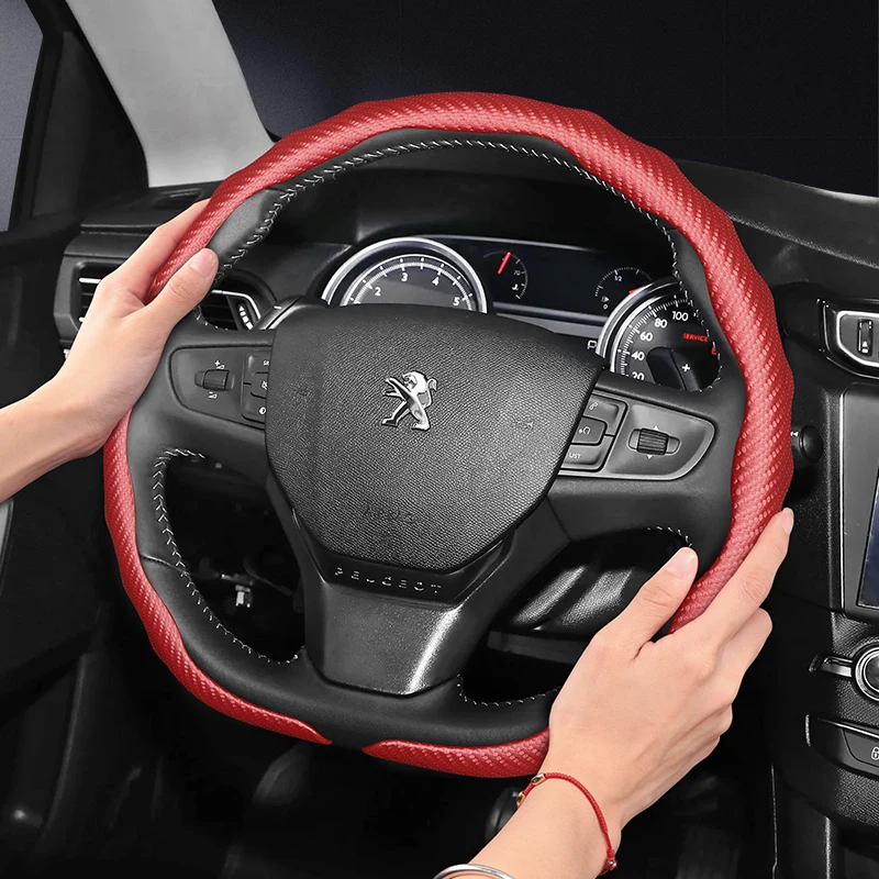 Adecuado para Peugeot Textura de fibra de carbono Cubierta de volante Snap-On Diseño deportivo en forma de onda Carcasa protectora 208 308 3008 Partner Expert Boxer Rifter 2008 E-208 Gti Traveler y otros modelos Rojo N