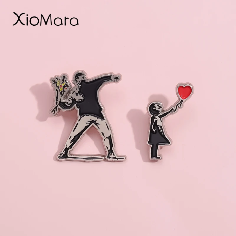 Banksy Enamel Pins Custom Funny Graffiti Wall Skate Punk Brooches Lapel Badges Flower Thrower Jewelry Gift For Art Friends