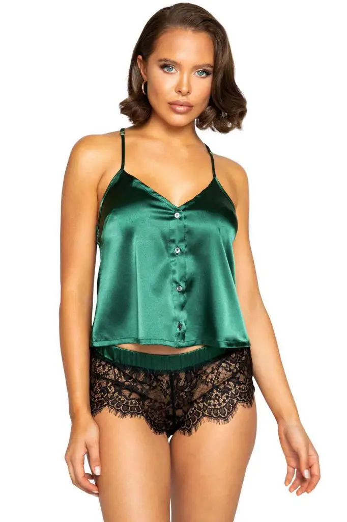 Merry See Ruched Satin Shorts Pajamas Suit Green