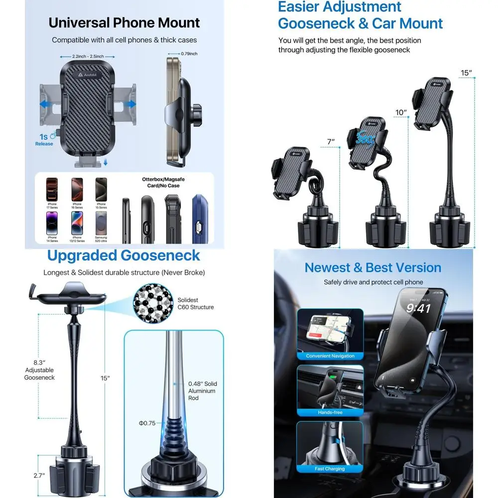 

Enhanced 15 Adjustable Gooseneck Cup Holder, Durable & Versatile for Cars, Trucks, and Large Smartphones
