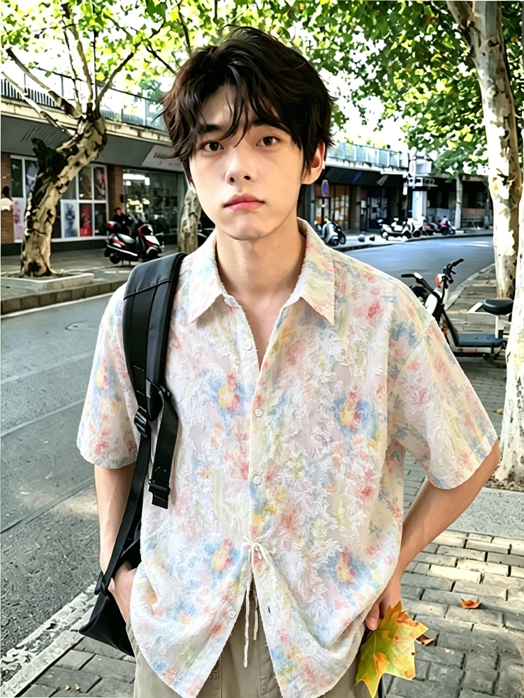 Hawaiian Tassel Embroidered Short Sleeve Men's Shirt Thin Hollow out Collar American Style Couple Sunscreen Outerwear