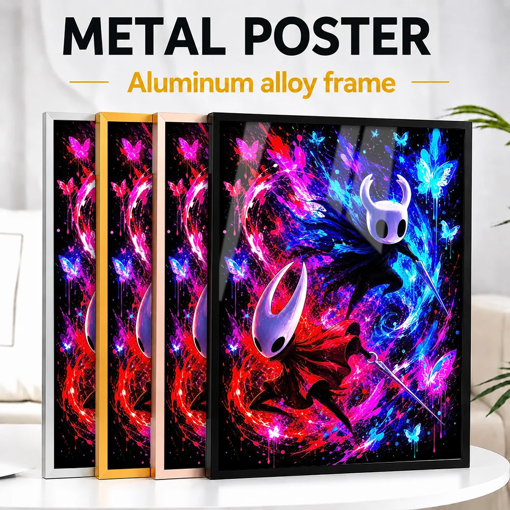 Hollow Knight And Hornet Neon Framed Metal Print Customized Photo Electric Night Style Wall Art For Gaming Setup Birthday Gift