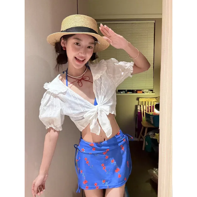 

Французский купальник Pure Desire Sweet Split Skirted Bikini из 4 предметов с длинными рукавами и защитой от УФ-излучения, скромный купальник с юбкой