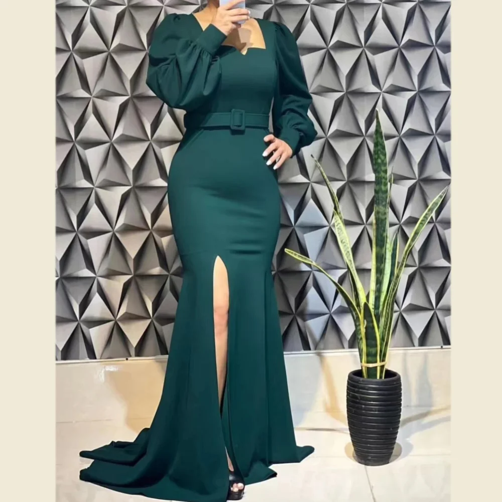 

Vintage Long Square Collar Spandex Evening Dresses Full Sleeves with Belt Mermaid Slit Sweep Train فساتين مناسبات