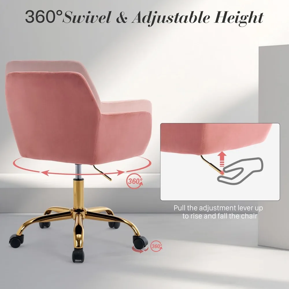 Pelliccia sintetica 360 ° Sedia da scrivania girevole, poltrona moderna da ufficio regolabile in altezza con base dorata per adolescenti, donne e ragazze, rivestimento