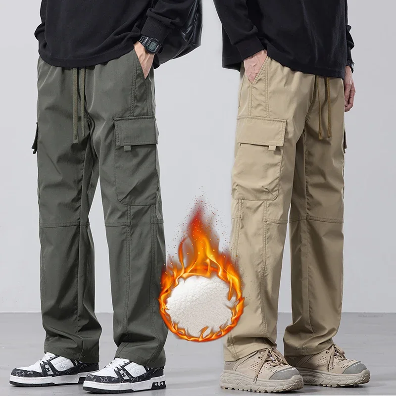 

Новинка 2024, мужские флисовые брюки-карго, зимние модные бархатные повседневные брюки, мужские толстые плюшевые брюки, свободные теплые брюки с большими карманами