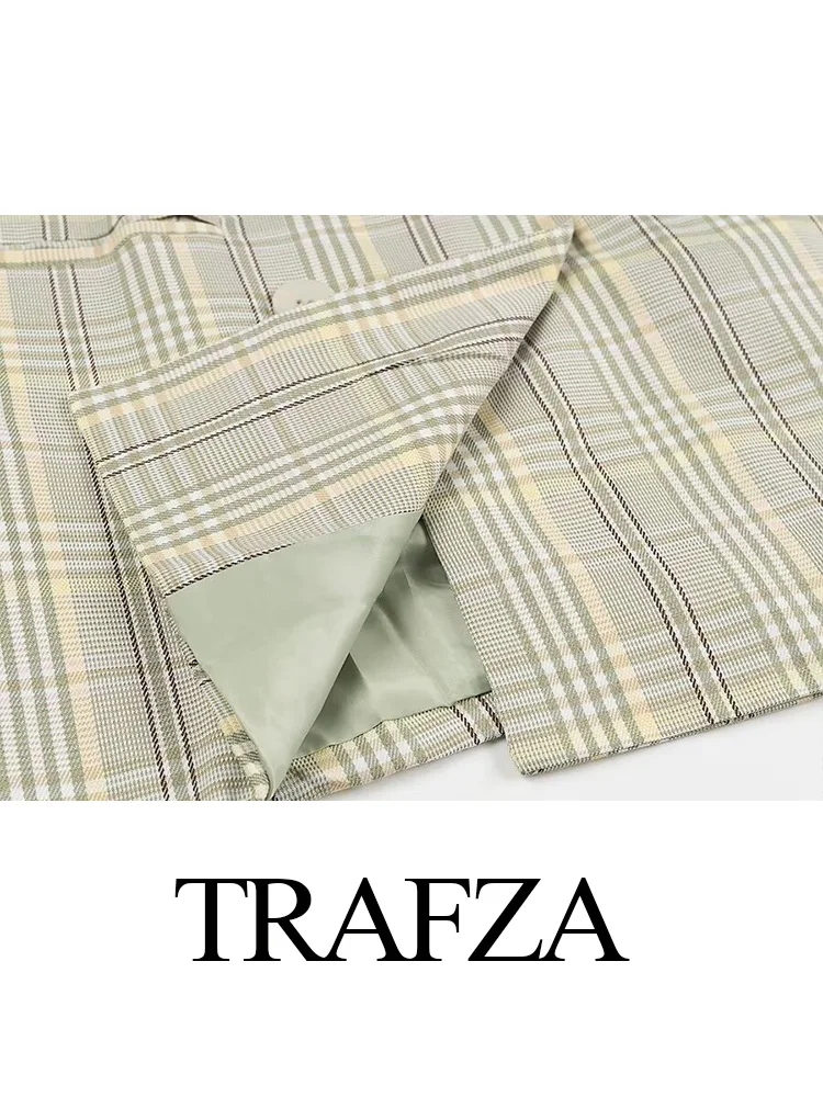 TRAFZA Weibliche Neue Frische Grün Plaid Zweireiher Blazer Frauen Drehen Unten Kragen Mit Langen Ärmeln Täglichen Pendeln Taschen Jacke