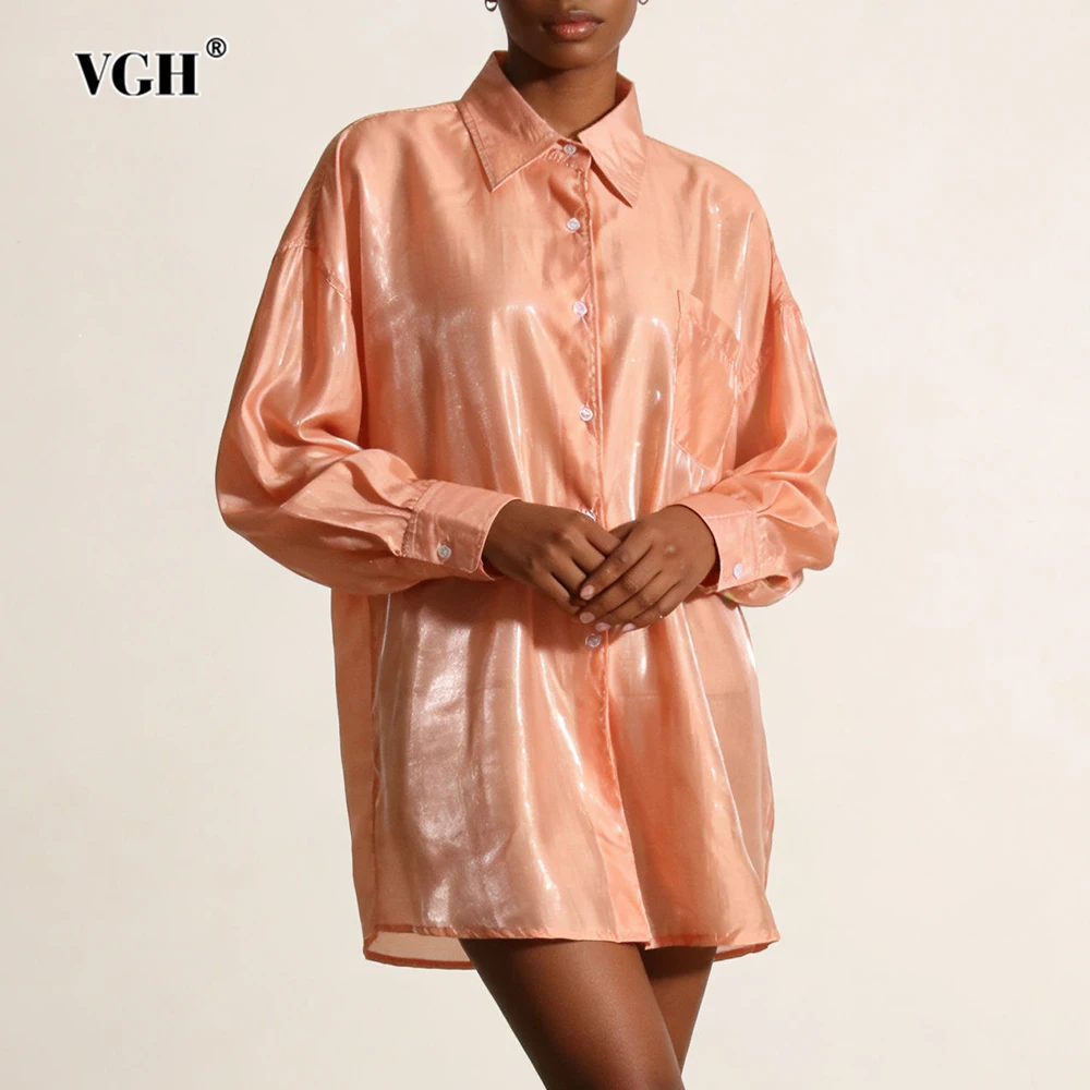 

VGH Solid Loose Temperament Blouses For Women Lapel Long Sleeve Spliced Pockets Summer Sunscreen Shirts Female Fashion Style New