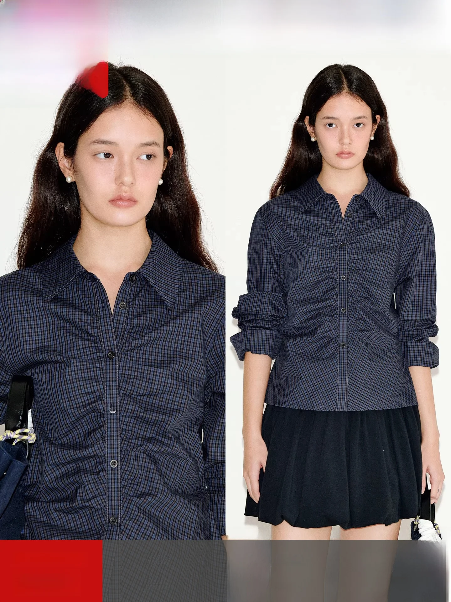 

Fano Vintage irt Women's Slim Fit Gathered Waist Autumn New Sle Cotton Long Sve Plaid Pattern Skin-friendly Breathable