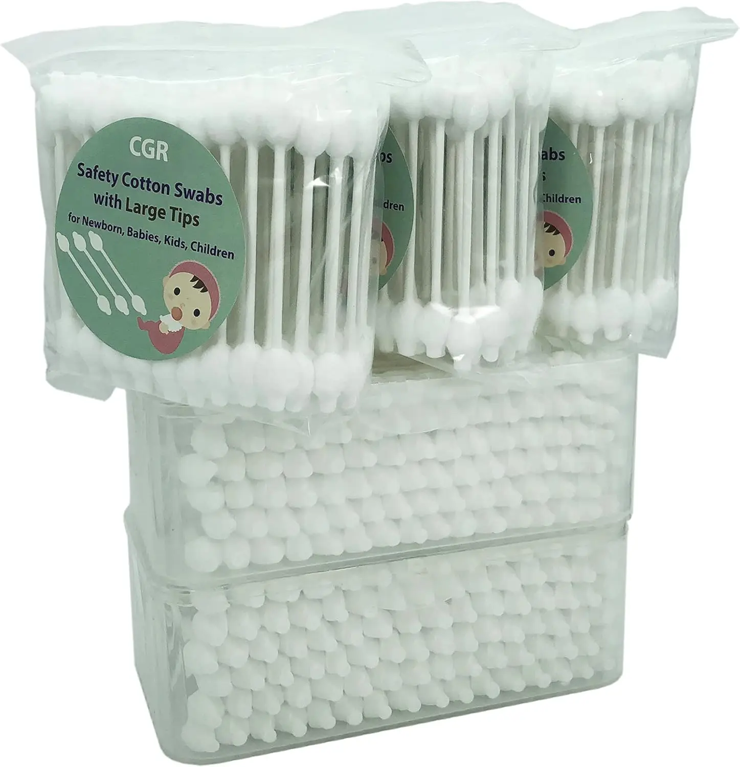 

CGR Baby Safety Cotton Swabs with Large Tips for Newborn, Babies, Kids, Children, 100% Organic Cotton, White Paper Sticks, 5 Pac