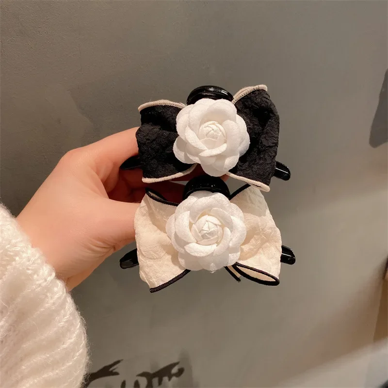 

Korean Fashion Fabric Camellia Flower Hair Claws Clip Elegant Bow Hair Ties Ring Headdress Hair Accessories for Women