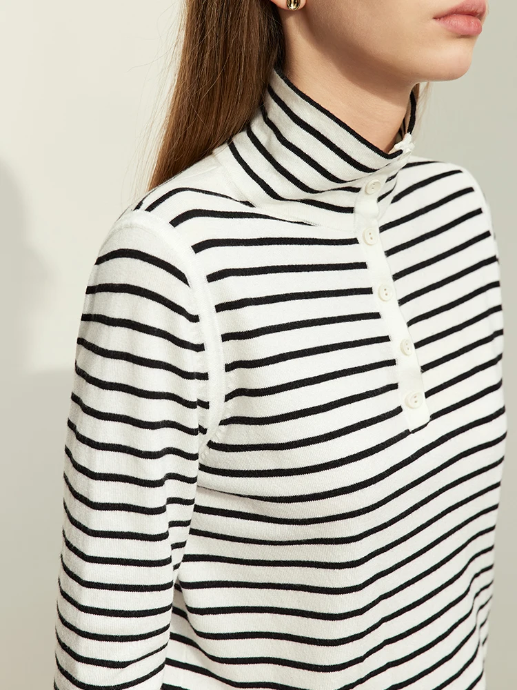AMII Minimalism Wool Knit Sweater Women 2024 Spring New Mock Neck Contrast Color Stripe Two Wear Slim Streetwear Blouse 12441097