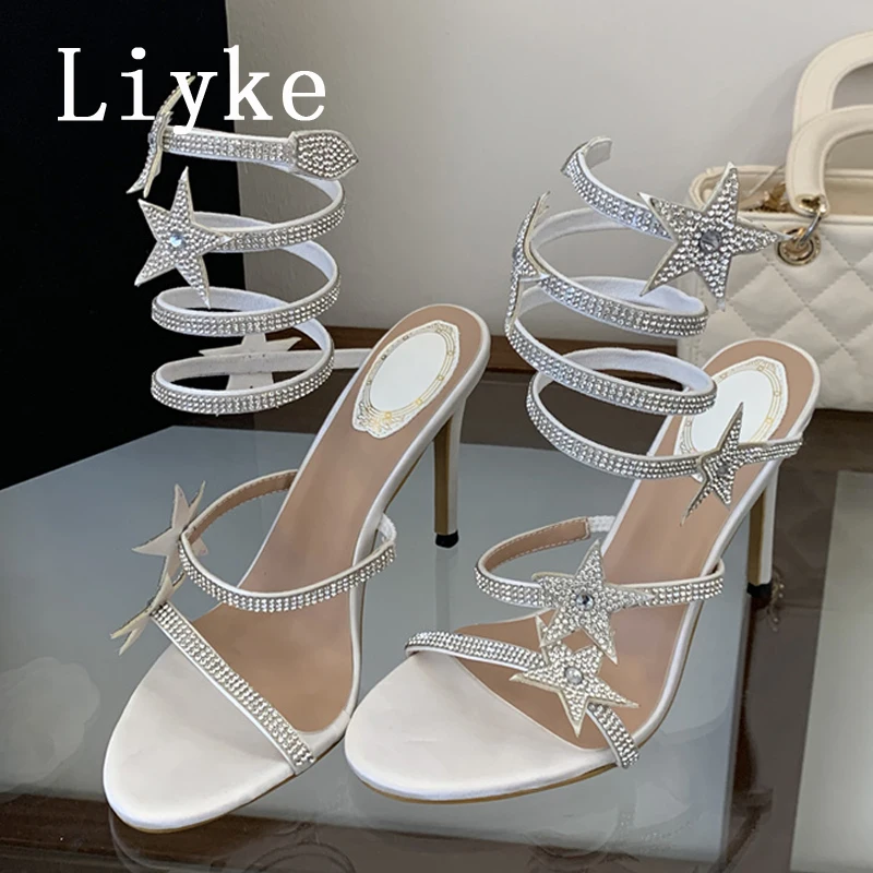 

Liyke New Design Crystal Pentagram Open Toe Stiletto Women's Sandals Sexy Coiled Strap High Heels Summer Party Prom Shoes White