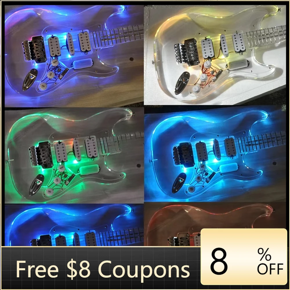 

STLF Flyoung High Quality Acrylic Electric Guitar Body and Neck 7 Colors LED Lights HSH Pickups